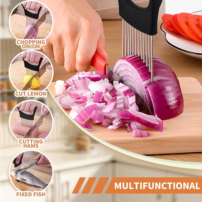 2PCs Stainless Steel Onion Slicer Holder, Onion Cutter Holder for Slicing of Onions,Tomatoes,Avocados,Eggs and Other Vegetables,KItchen Utensils (Purple & Black)