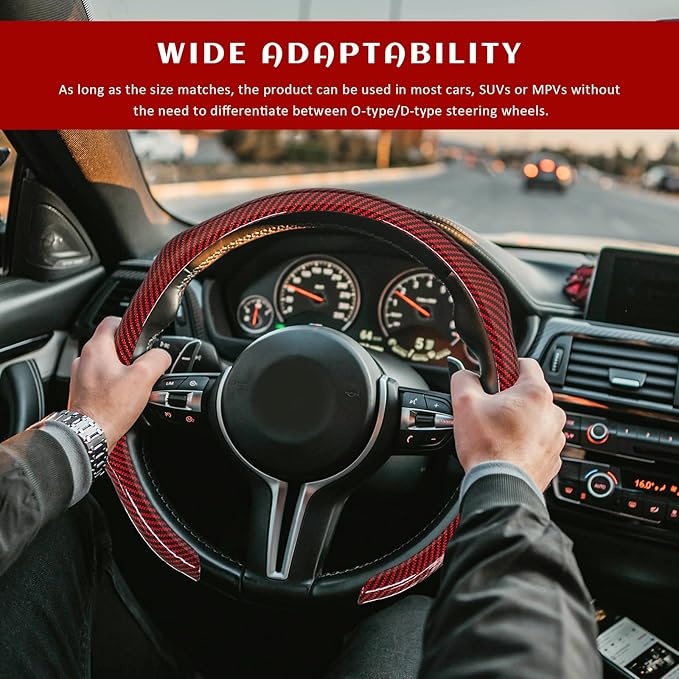 Sun Walker Carbon Fiber Car Steering Wheel Cover, 15" Anti-Slip Wear-Resistant Steering Wheel Protector Stylish Interior Decor, Ultra-Thin Comfortable Leather Wheel Cover for Women Men (Red)