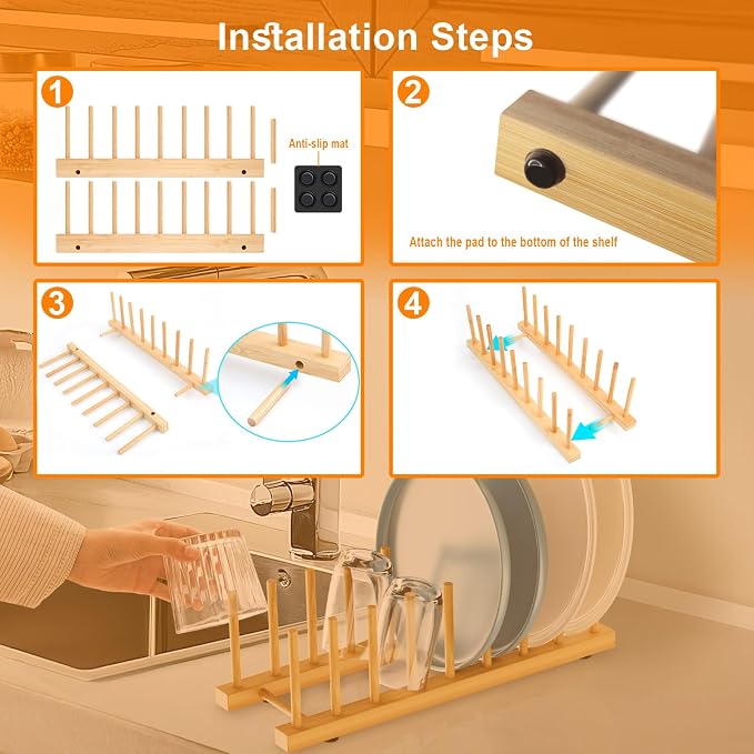 Bamboo Dish Drying Rack for Kitchen Organizer-Sturdy Plate Rack Organizer with Natural Bamboo, Dish Rack Holds Plates, Cups & Cutting Boards-Dish Drying Rack for Countertop & Cabinets（4 Pack）