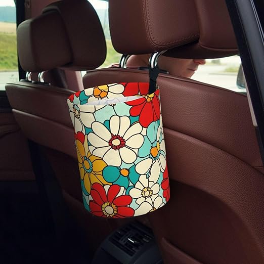 Retro Groovy Floral Car Trash Can Garbage Cans Foldable,Cute Hanging Car Organizer and Storage Bag Leak Proof, Auto Back Seat Trash Bin Universal for Truck, SUV, Outdoor Travel