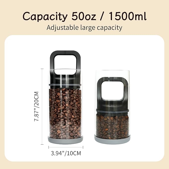 Premium Coffee Canister with Vacuum Seal Technology, Airtight Coffee Bean Storage Container with Push Lid, Borosilicate Glass Container for Freshness (1450ml/50oz)