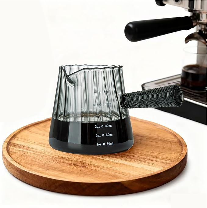 FANTESTICRYAN 6OZ Measuring Cup, Ribbed Borosilicate Glass Espresso Cup, V-Shaped Spout Drain Espresso Double Shots, Coffee Milk Tea Accessories (Dark Gray, Glass Handle)