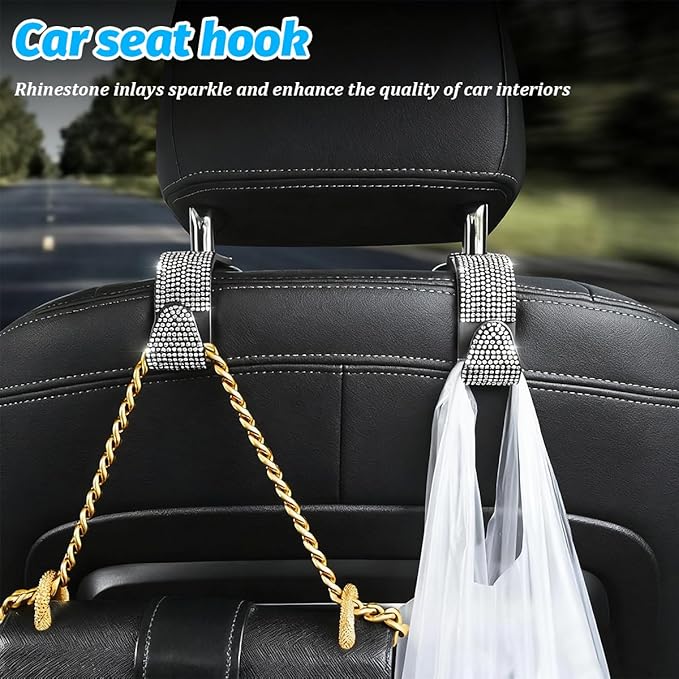 4PCS Bling Car Seat Headrest Hooks, Vehicle Back Seat Purse Handbag Hanging Holder with Crystal Rhinestone, Diamond Storage Organizer Hook, Universal Automotive Accessories (Black/AB)