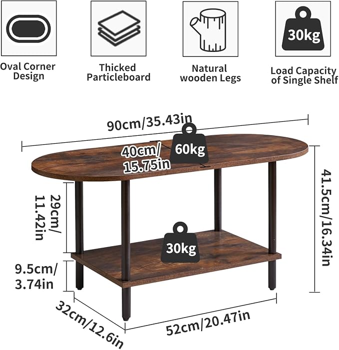 Aibiju Rustic Coffee Table Small Coffee Table, TV Centre Table Stand 35 * 16 * 17", 2-Tier Oval Wood Tea Table for Living Room Apartment Rustic Brown YD-012H