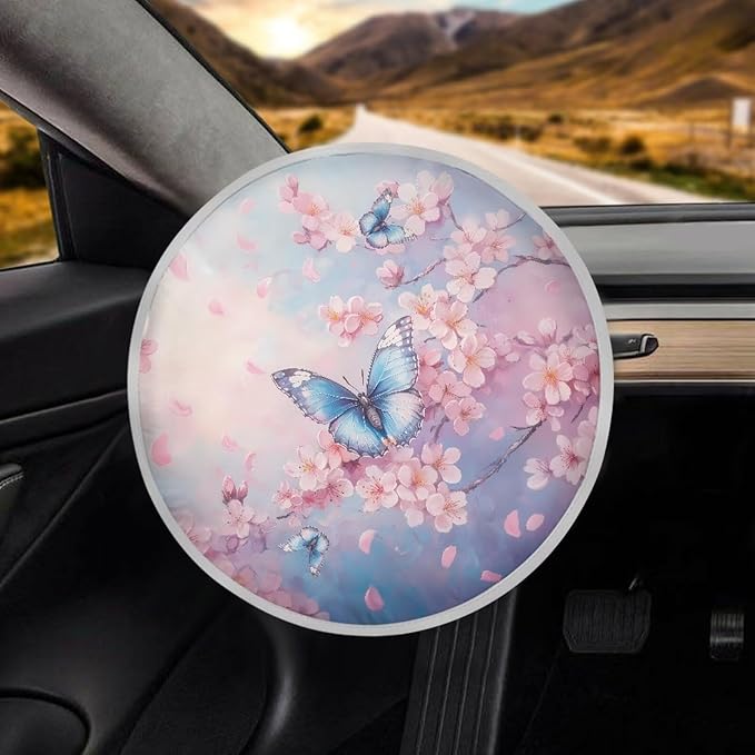 Butterfly Cherry Flower Pattern Steering Wheel Sun Shade Cover, Decorative Accessories for Women Universal Steering Wheel UV Rays Sun Visor Protector Universal Fit Car SUV Truck Van