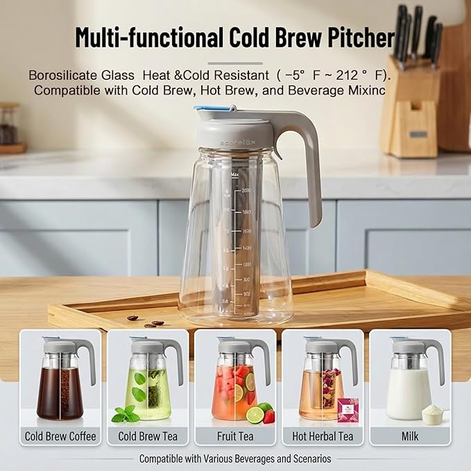 ECORELAX Cold Brew Coffee Maker,High Transparency Borosilicate Glass Container with Stainless Steel Filter, Iced Tea Pitcher with Lid,Modern Style, Ergonomic Handle,Spill-proof Lid (（Gray 64oz)