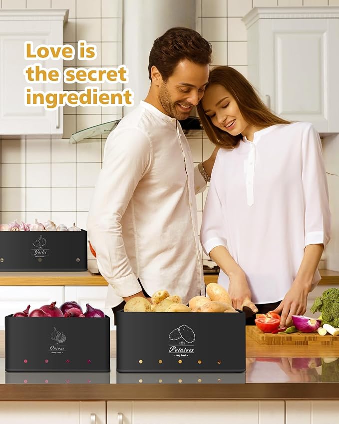 Kitchen Vegetable Storage Set of 3, Sturdy and Durable Storage Basket for Potato, Onion, Garlic, Fruit,Aerating Holes and Wooden Lid (black)