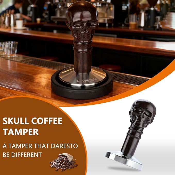 53.3mm Espresso Tamper for 54mm Portafilters, Coffee Hand Tamper with Weighted 304 Stainless Steel Flat Base & Ebony Wood Skull Handle, Espresso Tool for Home Baristas