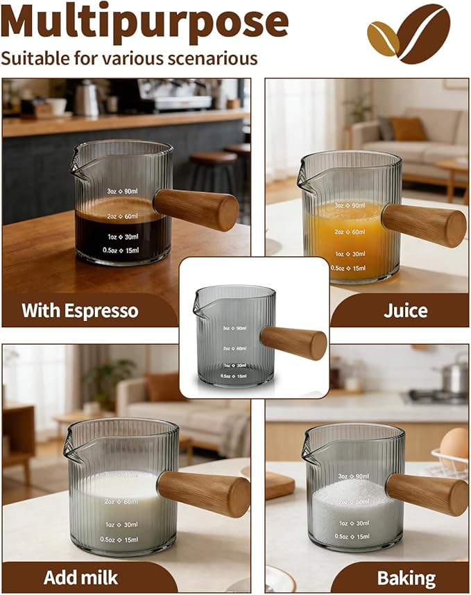 Espresso Measuring Cup 3 Oz, Espresso Glass Cups with Wood Handle, Milk Frothing Cup, Espresso Cup for Coffee, Milk, Tea or Maple Syrup Serving (Gray, 3 oz)