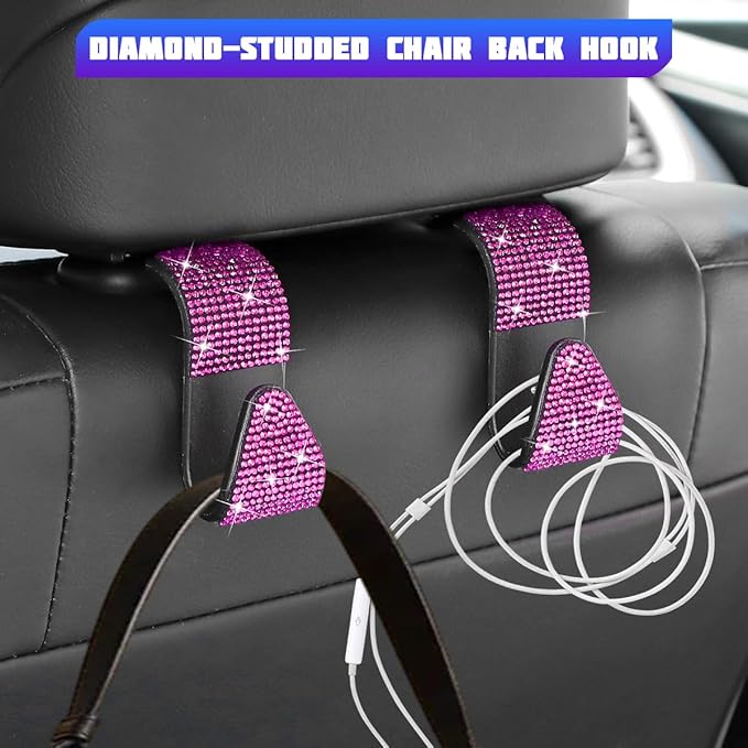 Bling Car Seat Headrest Hooks, 4PCS Crystal Rhinestone Vehicle Back Seat Hanger Holder for Handbags Purses Coats, Automotive Headrest Storage Organizer, Universal for RV SUV Truck (Pink)