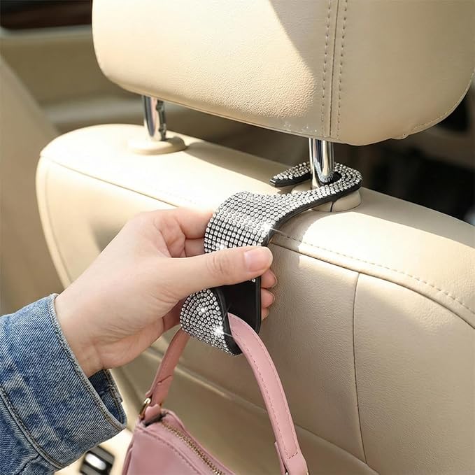 4PCS Bling Car Seat Headrest Hooks, Crystal Rhinestone Vehicle Back Seat Hanger Holder, Auto Interior Headrest Hanging Storage Organizer for Purse Handbag Coat, Universal Fit (Blue)