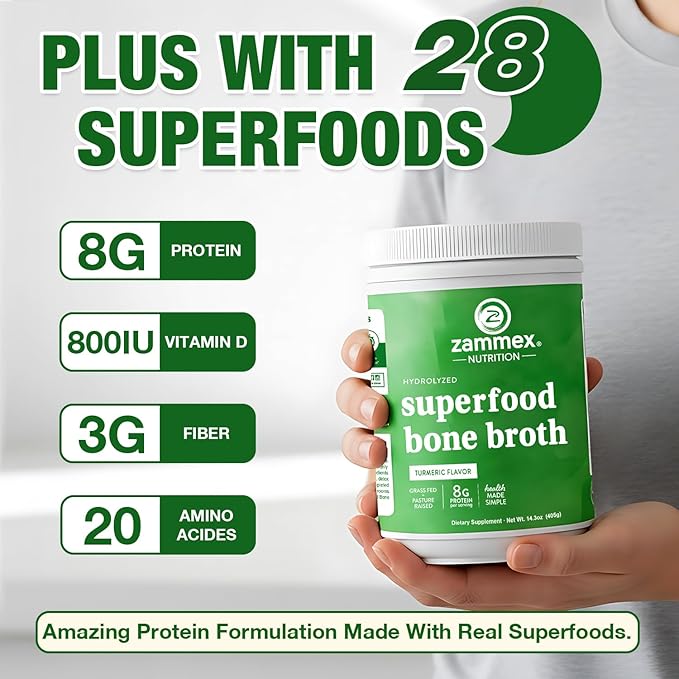Zammex Bone Broth Plus Superfood Protein Powder (Turmeric Flavor), 8g Hydrolyzed Protein with Vitamin D, for Healthy Skin, Nails, Hair, Joints & Digestion,Non-GMO (30 Servings)