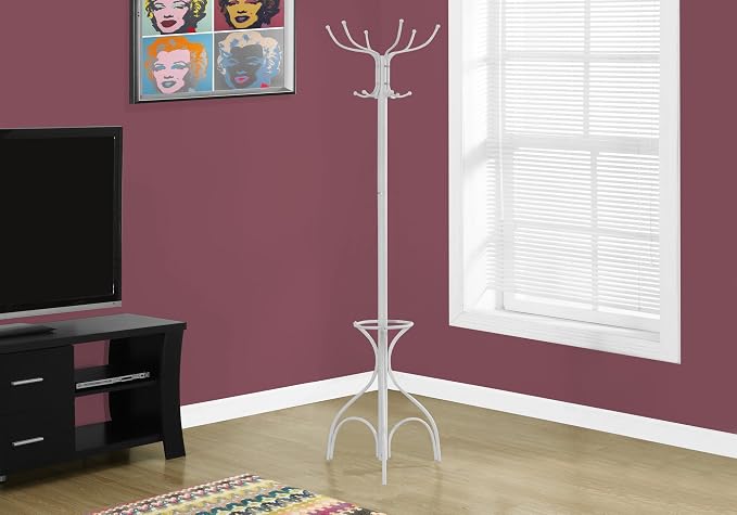 Monarch Specialties I 2030 Coat Rack, Hall Tree, Free Standing, 12 Hooks, Entryway, 70" H, Umbrella Holder, Bedroom, Metal, White, Contemporary, Modern