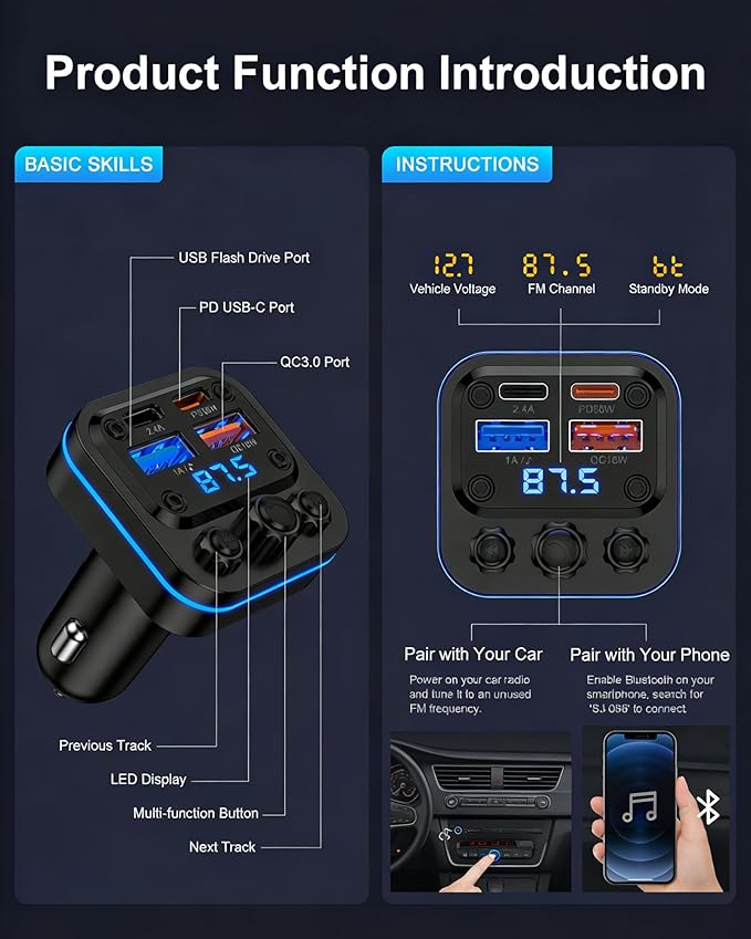 Bluetooth Fm Transmitter for Car, 54w Fast Charging, Blue Tooth 5.4 Car Charger USB-C USB-A Multi Ports, Wireless Radio Aux Cigarette Lighter Adapter Auxiliary for Samsung Galaxy Android iPhone Apple