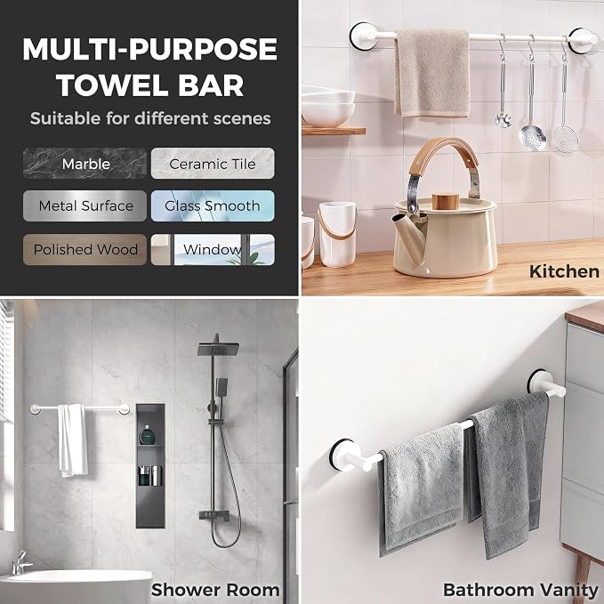 Adjustable Suction Cup Towel Bar for Bathroom Wall,14.6Inch~24 Inch Towel Racks for Bathroom,Stainless Steel Bath Towel Holder for Shower,2 Pack(Matte White)