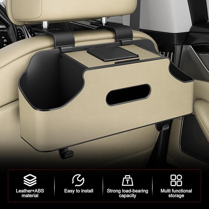 Car Back Seat Storage Box, Leather Car Seat Back Multifunctional Organizer, Detachable Partition Design Backseat Storage Box for Cars, Great Fit for Kids and Travel (Beige)