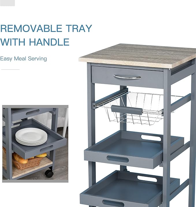 HOMCOM Mobile Kitchen Cart, Rolling Kitchen Island with Storage, Solid Wood Frame Utility Cart with Wire Fruit Baskets, Trays and Drawer, Gray