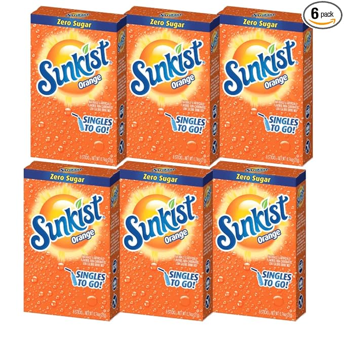 Sunkist Singles To Go Drink Mix Orange, 6 Boxes with 6 Packets Each - 36 Total Servings