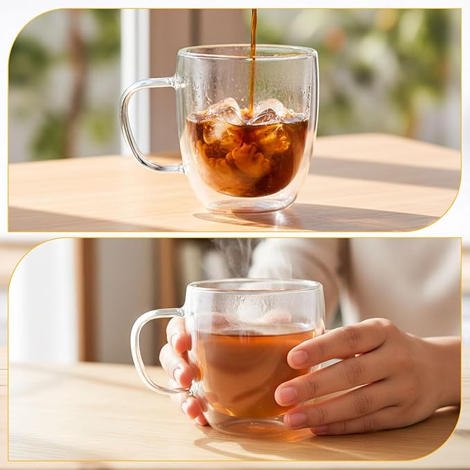 Patelai Pcs 16oz Clear Glass Coffee Mugs Double Walled Coffee Cups Glasses Insulated Latte Mugs with Handle Espresso Clear Cups for Cappuccino Tea, Heat Resistant Borosilicate Glasses for Home Bar