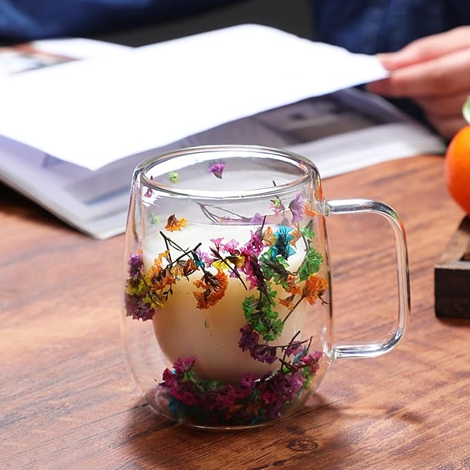 Dried Flowers Insulated Glass Double Wall Coffee Mug With Handle 250ml/390ml Transparent Double Glases Flower Tea Cup Latte Coffee Cup Borosilicate Glass Tea Mug