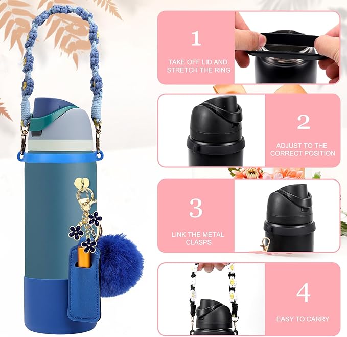 Compatible for Owala Accessories Bundle: Silicone Boot for 24oz & 32oz Bottles, Charms, Handle, Strap, Rubber Bottoms, and Decorative Add-ons for Your Compatible for Owala Water Bottle, Denim