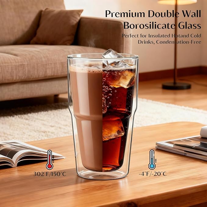 INSETLAN 16oz Double Wall Glass Cups Set of 2 – Borosilicate Glass Tumblers, Clear Insulated Glass Coffee Cups for Cappuccino, Latte, Espresso and Tea, Hot & Cold Resistant