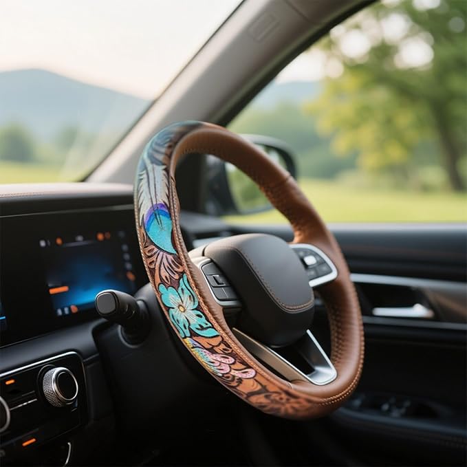Retro Western Cowboy Car Universal Steering Wheel Cover, Embossed Handcrafted Tooled Leather Western,Anti Slip, Auto Interiors Accessories,Breathable for Trucks SUVs Cars (C)
