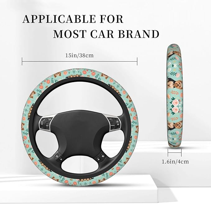 Dogs Flower Art Universal Fit Steering Wheel Cover for Car, Truck, and SUV, Durable Steering Wheel Protection