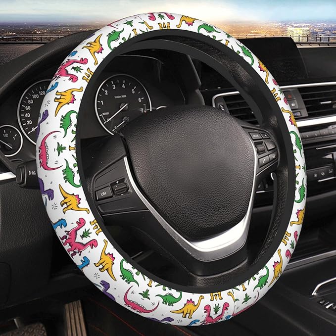 Rainbow Watercolour Dinosaurs Neoprene Steering Wheel Covers Women Men Car Accessories, Universal 15 Inch Fit Auto, Suvs, Truck