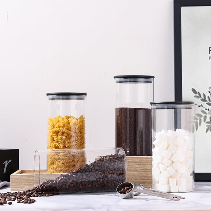 ZOMUIA Glass Coffee Containers Airtight Coffee Bean Storage Jars with Shelf, 3Pcs 44oz Coffee Station Organizer Coffee Canisters, Kitchen Food Storage Jars for Sugar, Candy, Oats, Nuts (BLACK)