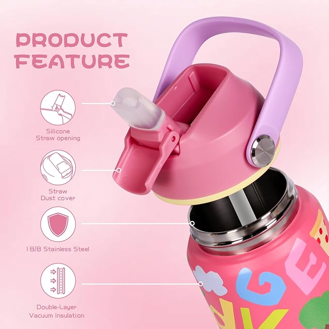 Kids Insulated Water Bottle with Straw Lid, 12 oz BPA-FREE Double Wall Vacuum Tumbler 18/8 Stainless Steel Leak Proof Kids Cups with Straw for School Travel Boys Girls (Pink Letters)