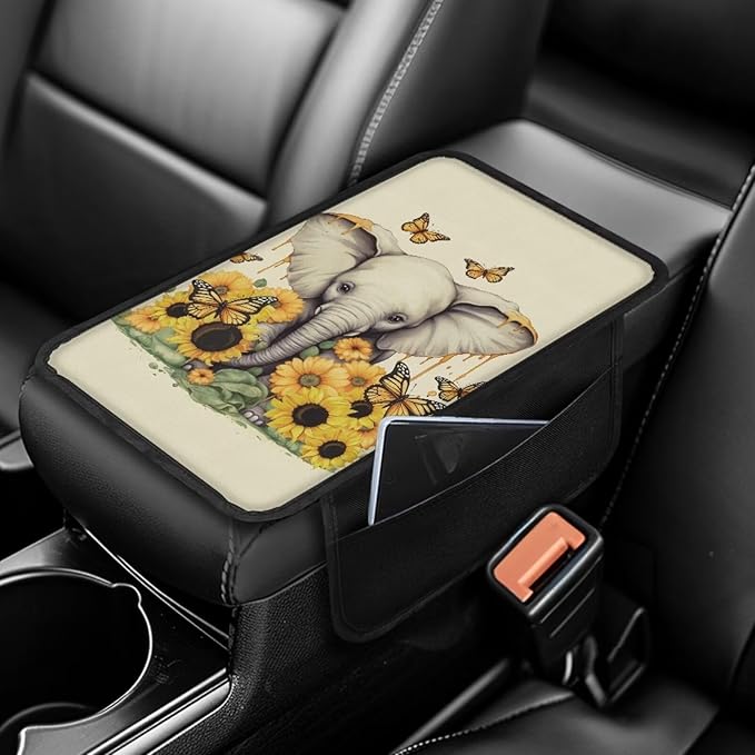 BIGCARJOB Cute Elephant Car Armrest Storage Box for Center Console,Universal Center Console Armrest Pads for Truck Cars Interior Accessories Sunflower Print Car Armrest Seat Box Cover