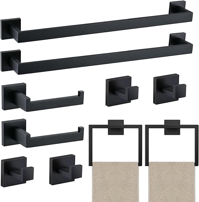 JOPOFI 10 Piece Bathroom Towel Bar Set - 23.6 Inch Bathroom Towel Holder, Thicken Stainless Steel Towel Racks for Bathroom Wall Mounted, Bathroom Hardware Accessories Set - Matte Black