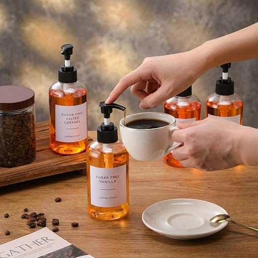 9 Pcs Coffee Syrup Dispenser Set 10 oz Plastic Coffee Syrup Dispenser Pump Bottle 16.9 oz Pet Jar with Lids Gold Spoon and Labels for Home Bar Organization