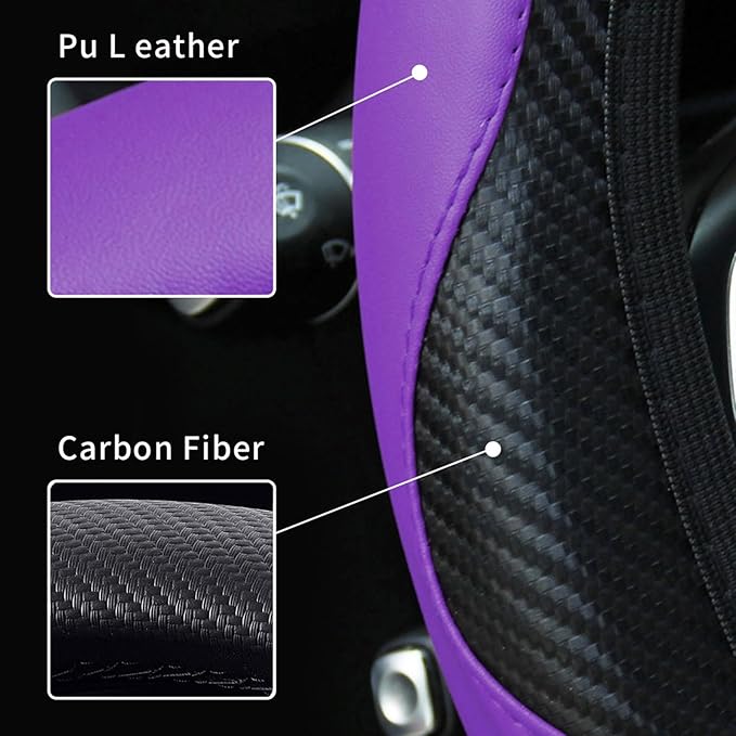 Car Steering Wheel Cover, 15 inch Carbon Fiber Microfiber PU Leather Elastic Steering Wheel Protector for Unisex, Anti-Slip Breathable Car Interior Accessories for Most Cars (Purple)