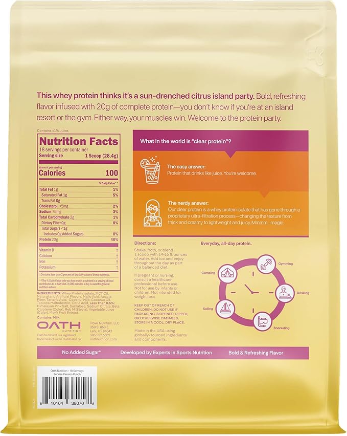 Oath Nutrition Clear Whey Isolate Protein Powder, Sunrise Passion Punch, 20g Complete Protein per Serving, No Added Sugar, Grass-Fed, 18 Servings