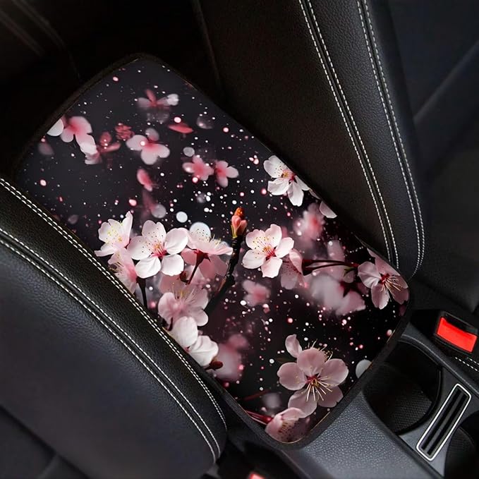 Oriental Cherry Print Center Console Cover Pad Car Armrest Seat Box Cover Cushion Universal for Most Cars SUVs Auto Accessories Decor