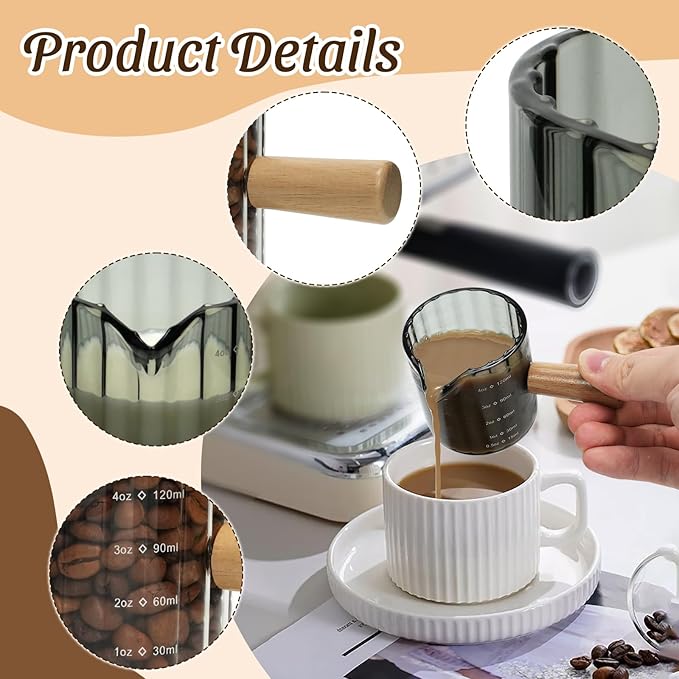 Espresso Cups Set of 2, 4 OZ Espresso Shot Glasses with Wood Handle, V-Shaped Spouts Cups, Ribbed Milk Frothing Pitcher, Glass Measuring Cup, Coffee Espresso Accessories, Demitasse Cups, Small (Gray)