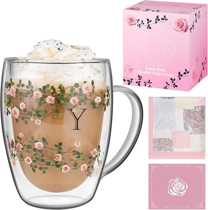 Initial Glass Cup for Women, 12oz Rose Double Walled Glass Coffee Mugs, Personalized Gifts for Women, Initial Coffee Tea Mug with Scarf, Birthday Wedding Gifts for Her Mom Teacher (ROSE-Y)