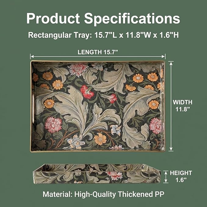Zosenley Vintage William Morris-Style Serving Tray with Handles - 15.7" x 11.8" Floral Pattern Decorative Platter for Coffee Table, Ottoman & Breakfast in Bed - Sturdy Plastic Rectangular Tray