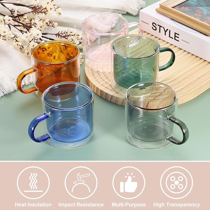 uxcell 8.4 oz Double Wall Glass Coffee Mugs, Glass Tea Cup with Widened Handles for Espresso Coffee, Cappuccino, Tea Bag, Latte, Hot Cold Beverages, Juice, Green