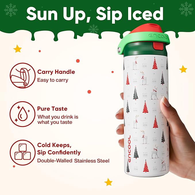 ENCOOL Christmas SwiftSip Insulated Water Bottle with Straw, Stainless Steel Water Bottle, Leak Proof BPA-Free, Keeps Cold for 24 Hours for Sports, Christmas Holiday Gifts for Women, 24oz, Nordic Noel