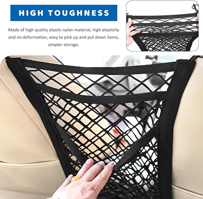 3-Layer Car Mesh Organizer, Stretchable Storage Netting Pouch Seat Back Cargo Net Bag, Universal Tissue Handbag Purse Holder Barrier of Backseat Pet Between Front Seats