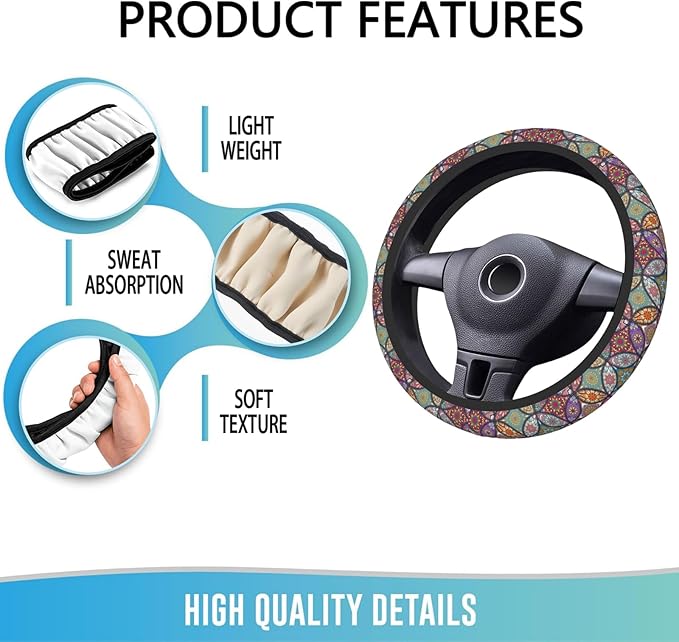 Elastic Steering Wheel Cover Car Accessories Cute Universal 15 Inch Absorbing Sweat Non-Slip Breathable for Woman - Colorful Mandala
