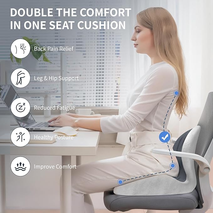 Memory Foam Seat Cushion with Lumbar Support for Back Pain & Sciatica Relief, Office Chair & Car Seat Cushion with Adjustable Strap