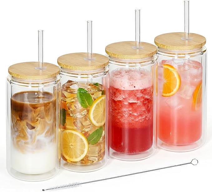 4 Pack Glass Cups with Lids and Straws 12 oz Double Wall Glass Tumbler Insulated Borosilicate Iced Glass Coffee Cups for Iced Coffee, Smoothies, Tea, Juice