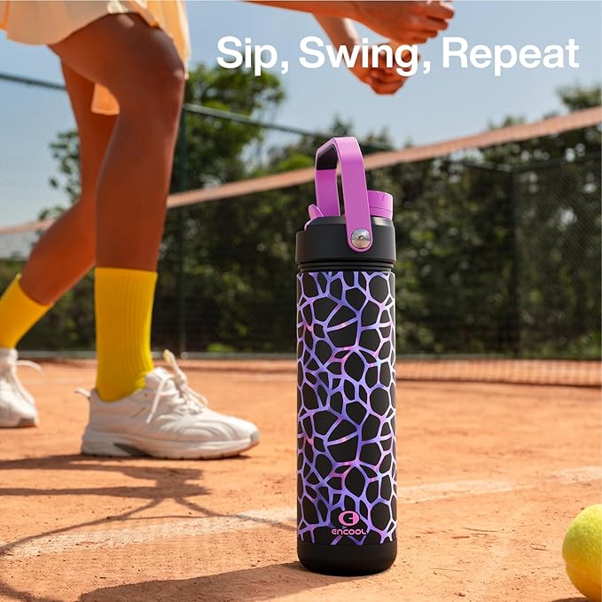 ENCOOL Insulated Water Bottle with Straw Stainless Steel Water Bottle, Glow in the Dark, Leak-Proof, BPA-Free, Keeps Cold for 24 Hours for Sports, Travel, School (26 oz, Bubble)
