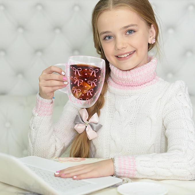JarThenaAMCS Pink Bow Double Wall Glass Coffee Mugs 12Oz Cute Bowknot Heart Insulated Glasses Clear Espresso Cups with Handle for Home Holiday Supplies, Set of 2
