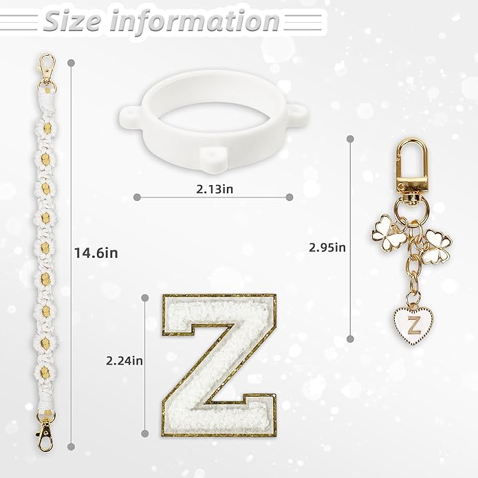 Compatible with Owala Water Bottle Accessories, Cute Letter Charm Set with Boho Handle Strap, Monogram Sticker, Silicone Ring, Keychain Decoration, for FreeSip 24 32 40oz, Owala Kids, Tumbler Gift