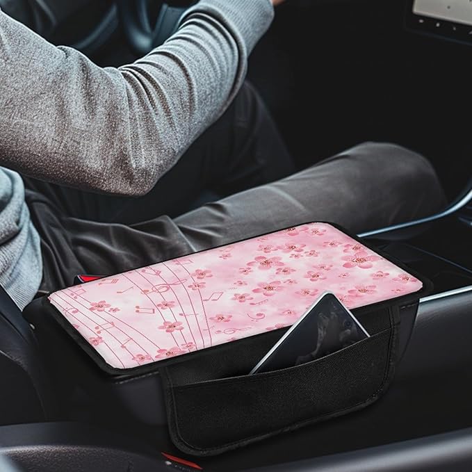 CLOHOMIN Pink Cherry Blossom Center Console Cover for Car Sedan Van Music Note Car Seat Box Cover with Side Pockets Universal Auto Armrest Coverc Accessories